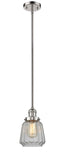 201S-PN-G142 Stem Hung 7" Polished Nickel Mini Pendant - Clear Chatham Glass - LED Bulb - Dimmensions: 7 x 7 x 8<br>Minimum Height : 19.25<br>Maximum Height : 43.25 - Sloped Ceiling Compatible: Yes