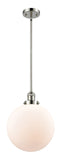 201S-PN-G201-12 Stem Hung 12" Polished Nickel Mini Pendant - Matte White Cased Beacon Glass - LED Bulb - Dimmensions: 12 x 12 x 15<br>Minimum Height : 24.25<br>Maximum Height : 48.25 - Sloped Ceiling Compatible: Yes