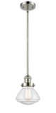 201S-PN-G324 Stem Hung 6.75" Polished Nickel Mini Pendant - Seedy Olean Glass - LED Bulb - Dimmensions: 6.75 x 6.75 x 7.75<br>Minimum Height : 17.5<br>Maximum Height : 41.5 - Sloped Ceiling Compatible: Yes
