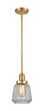 201S-SG-G142 Stem Hung 7" Satin Gold Mini Pendant - Clear Chatham Glass - LED Bulb - Dimmensions: 7 x 7 x 8<br>Minimum Height : 19.25<br>Maximum Height : 43.25 - Sloped Ceiling Compatible: Yes