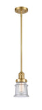 201S-SG-G184S Stem Hung 6.5" Satin Gold Mini Pendant - Seedy Small Canton Glass - LED Bulb - Dimmensions: 6.5 x 6.5 x 10<br>Minimum Height : 18<br>Maximum Height : 42 - Sloped Ceiling Compatible: Yes