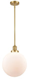 201S-SG-G201-12 Stem Hung 12" Satin Gold Mini Pendant - Matte White Cased Beacon Glass - LED Bulb - Dimmensions: 12 x 12 x 15<br>Minimum Height : 24.25<br>Maximum Height : 48.25 - Sloped Ceiling Compatible: Yes