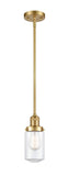 201S-SG-G312 Stem Hung 4.5" Satin Gold Mini Pendant - Clear Dover Glass - LED Bulb - Dimmensions: 4.5 x 4.5 x 10.25<br>Minimum Height : 18.25<br>Maximum Height : 42.25 - Sloped Ceiling Compatible: Yes