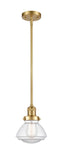 201S-SG-G322 Stem Hung 6.75" Satin Gold Mini Pendant - Clear Olean Glass - LED Bulb - Dimmensions: 6.75 x 6.75 x 7.75<br>Minimum Height : 17.5<br>Maximum Height : 41.5 - Sloped Ceiling Compatible: Yes