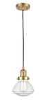 201S-SG-G324 Stem Hung 6.75" Satin Gold Mini Pendant - Seedy Olean Glass - LED Bulb - Dimmensions: 6.75 x 6.75 x 7.75<br>Minimum Height : 17.5<br>Maximum Height : 41.5 - Sloped Ceiling Compatible: Yes