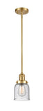 201S-SG-G54 Stem Hung 5" Satin Gold Mini Pendant - Seedy Small Bell Glass - LED Bulb - Dimmensions: 5 x 5 x 10<br>Minimum Height : 18.25<br>Maximum Height : 42.25 - Sloped Ceiling Compatible: Yes