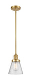 201S-SG-G64 Stem Hung 6" Satin Gold Mini Pendant - Seedy Small Cone Glass - LED Bulb - Dimmensions: 6 x 6 x 8<br>Minimum Height : 18.25<br>Maximum Height : 42.25 - Sloped Ceiling Compatible: Yes