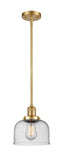 201S-SG-G74 Stem Hung 8" Satin Gold Mini Pendant - Seedy Large Bell Glass - LED Bulb - Dimmensions: 8 x 8 x 10<br>Minimum Height : 18.25<br>Maximum Height : 42.25 - Sloped Ceiling Compatible: Yes