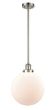 201S-SN-G201-12 Stem Hung 12" Brushed Satin Nickel Mini Pendant - Matte White Cased Beacon Glass - LED Bulb - Dimmensions: 12 x 12 x 15<br>Minimum Height : 24.25<br>Maximum Height : 48.25 - Sloped Ceiling Compatible: Yes