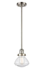 201S-SN-G324 Stem Hung 6.75" Brushed Satin Nickel Mini Pendant - Seedy Olean Glass - LED Bulb - Dimmensions: 6.75 x 6.75 x 7.75<br>Minimum Height : 17.5<br>Maximum Height : 41.5 - Sloped Ceiling Compatible: Yes