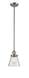 201S-SN-G64 Stem Hung 6" Brushed Satin Nickel Mini Pendant - Seedy Small Cone Glass - LED Bulb - Dimmensions: 6 x 6 x 8<br>Minimum Height : 18.25<br>Maximum Height : 42.25 - Sloped Ceiling Compatible: Yes