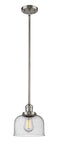 201S-SN-G74 Stem Hung 8" Brushed Satin Nickel Mini Pendant - Seedy Large Bell Glass - LED Bulb - Dimmensions: 8 x 8 x 10<br>Minimum Height : 18.25<br>Maximum Height : 42.25 - Sloped Ceiling Compatible: Yes