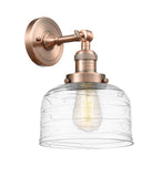 203-AC-G713 1-Light 8" Antique Copper Sconce - Clear Deco Swirl Large Bell Glass - LED Bulb - Dimmensions: 8 x 9.375 x 12 - Glass Up or Down: Yes