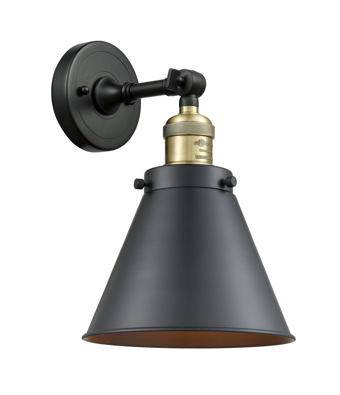 203-BAB-M13-BK 1-Light 8" Black Antique Brass Sconce - Matte Black Appalachian Shade - LED Bulb - Dimmensions: 8 x 9 x 13 - Glass Up or Down: Yes
