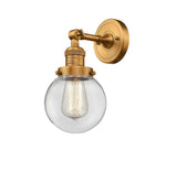 203-BB-G202-6 1-Light 6" Brushed Brass Sconce - Clear Beacon Glass - LED Bulb - Dimmensions: 6 x 8 x 12 - Glass Up or Down: Yes