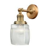203-BB-G302 1-Light 5.5" Brushed Brass Sconce - Thick Clear Halophane Colton Glass - LED Bulb - Dimmensions: 5.5 x 7 x 11 - Glass Up or Down: Yes