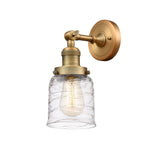 203-BB-G513 1-Light 5" Brushed Brass Sconce - Clear Deco Swirl Small Bell Glass - LED Bulb - Dimmensions: 5 x 7 x 10 - Glass Up or Down: Yes