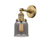 203-BB-G53 1-Light 5" Brushed Brass Sconce - Plated Smoke Small Bell Glass - LED Bulb - Dimmensions: 5 x 7 x 10 - Glass Up or Down: Yes