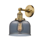 203-BB-G73 1-Light 8" Brushed Brass Sconce - Plated Smoke Large Bell Glass - LED Bulb - Dimmensions: 8 x 9.375 x 12 - Glass Up or Down: Yes
