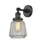203-BK-G142 1-Light 7" Matte Black Sconce - Clear Chatham Glass - LED Bulb - Dimmensions: 7 x 9 x 12 - Glass Up or Down: Yes
