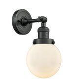 203-BK-G201-6 1-Light 6" Matte Black Sconce - Matte White Cased Beacon Glass - LED Bulb - Dimmensions: 6 x 8 x 12 - Glass Up or Down: Yes
