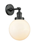 203-BK-G201-8 1-Light 8" Matte Black Sconce - Matte White Cased Beacon Glass - LED Bulb - Dimmensions: 8 x 9.125 x 14 - Glass Up or Down: Yes