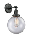 203-BK-G202-8 1-Light 8" Matte Black Sconce - Clear Beacon Glass - LED Bulb - Dimmensions: 8 x 9.125 x 14 - Glass Up or Down: Yes