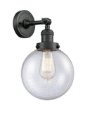 203-BK-G204-8 1-Light 8" Matte Black Sconce - Seedy Beacon Glass - LED Bulb - Dimmensions: 8 x 9.125 x 14 - Glass Up or Down: Yes