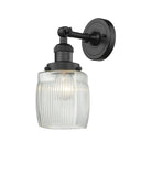 203-BK-G302 1-Light 5.5" Matte Black Sconce - Thick Clear Halophane Colton Glass - LED Bulb - Dimmensions: 5.5 x 7 x 11 - Glass Up or Down: Yes