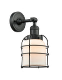 203-BK-G51-CE 1-Light 6" Matte Black Sconce - Matte White Cased Small Bell Cage Glass - LED Bulb - Dimmensions: 6 x 8 x 12 - Glass Up or Down: Yes