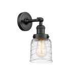 203-BK-G513 1-Light 5" Matte Black Sconce - Clear Deco Swirl Small Bell Glass - LED Bulb - Dimmensions: 5 x 7 x 10 - Glass Up or Down: Yes