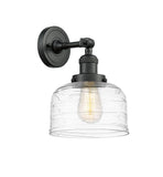 203-BK-G713 1-Light 8" Matte Black Sconce - Clear Deco Swirl Large Bell Glass - LED Bulb - Dimmensions: 8 x 9.375 x 12 - Glass Up or Down: Yes