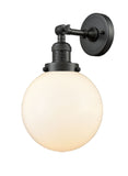 203-OB-G201-8 1-Light 8" Oil Rubbed Bronze Sconce - Matte White Cased Beacon Glass - LED Bulb - Dimmensions: 8 x 9.125 x 14 - Glass Up or Down: Yes