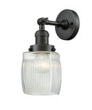 203-OB-G302 1-Light 5.5" Oil Rubbed Bronze Sconce - Thick Clear Halophane Colton Glass - LED Bulb - Dimmensions: 5.5 x 7 x 11 - Glass Up or Down: Yes