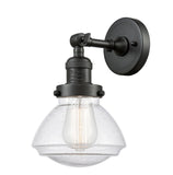 203-OB-G324 1-Light 6.75" Oil Rubbed Bronze Sconce - Seedy Olean Glass - LED Bulb - Dimmensions: 6.75 x 9.375 x 7.75 - Glass Up or Down: Yes