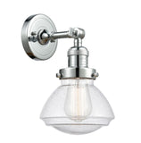 203-PC-G324 1-Light 6.75" Polished Chrome Sconce - Seedy Olean Glass - LED Bulb - Dimmensions: 6.75 x 9.375 x 7.75 - Glass Up or Down: Yes