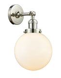 203-PN-G201-8 1-Light 8" Polished Nickel Sconce - Matte White Cased Beacon Glass - LED Bulb - Dimmensions: 8 x 9.125 x 14 - Glass Up or Down: Yes
