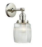 203-PN-G302 1-Light 5.5" Polished Nickel Sconce - Thick Clear Halophane Colton Glass - LED Bulb - Dimmensions: 5.5 x 7 x 11 - Glass Up or Down: Yes