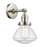 203-PN-G324 1-Light 6.75" Polished Nickel Sconce - Seedy Olean Glass - LED Bulb - Dimmensions: 6.75 x 9.375 x 7.75 - Glass Up or Down: Yes