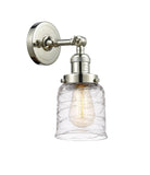 203-PN-G513 1-Light 5" Polished Nickel Sconce - Clear Deco Swirl Small Bell Glass - LED Bulb - Dimmensions: 5 x 7 x 10 - Glass Up or Down: Yes
