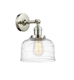 1-Light 8" Brushed Satin Nickel Sconce - Clear Deco Swirl Large Bell Glass LED