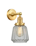 203-SG-G142 1-Light 7" Satin Gold Sconce - Clear Chatham Glass - LED Bulb - Dimmensions: 7 x 9 x 12 - Glass Up or Down: Yes