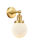 203-SG-G201-6 1-Light 6" Satin Gold Sconce - Matte White Cased Beacon Glass - LED Bulb - Dimmensions: 6 x 8 x 12 - Glass Up or Down: Yes