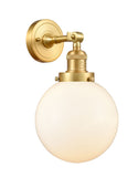 203-SG-G201-8 1-Light 8" Satin Gold Sconce - Matte White Cased Beacon Glass - LED Bulb - Dimmensions: 8 x 9.125 x 14 - Glass Up or Down: Yes
