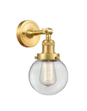 203-SG-G202-6 1-Light 6" Satin Gold Sconce - Clear Beacon Glass - LED Bulb - Dimmensions: 6 x 8 x 12 - Glass Up or Down: Yes