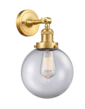 203-SG-G202-8 1-Light 8" Satin Gold Sconce - Clear Beacon Glass - LED Bulb - Dimmensions: 8 x 9.125 x 14 - Glass Up or Down: Yes