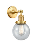 203-SG-G204-6 1-Light 6" Satin Gold Sconce - Seedy Beacon Glass - LED Bulb - Dimmensions: 6 x 8 x 12 - Glass Up or Down: Yes