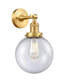 203-SG-G204-8 1-Light 8" Satin Gold Sconce - Seedy Beacon Glass - LED Bulb - Dimmensions: 8 x 9.125 x 14 - Glass Up or Down: Yes