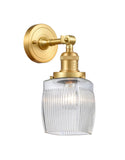 203-SG-G302 1-Light 5.5" Satin Gold Sconce - Thick Clear Halophane Colton Glass - LED Bulb - Dimmensions: 5.5 x 7 x 11 - Glass Up or Down: Yes
