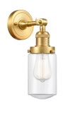 203-SG-G312 1-Light 4.5" Satin Gold Sconce - Clear Dover Glass - LED Bulb - Dimmensions: 4.5 x 7.5 x 12.75 - Glass Up or Down: Yes